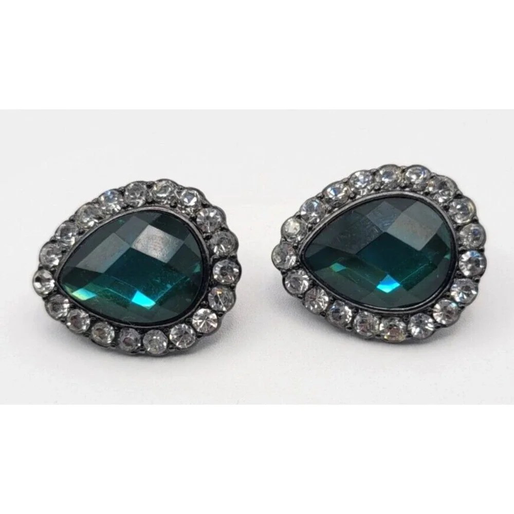 JOAN RIVERS‎ EMERALD GREEN & CLEAR RHINESTONE CLIP ON EARRINGS SIGNED VINTAGE